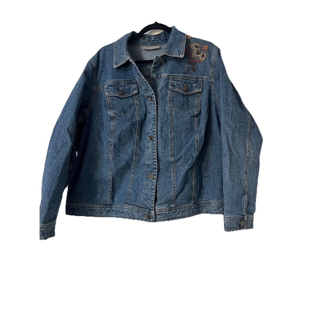 KATE HILL Denim Stretch Jean Jacket w/Embroidered‎ Floral Design  Plus Sz 20W